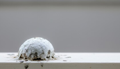 Delicate White Spherical Ice Substance Resting on Textured Surface- A Monochrome Still Life Composition