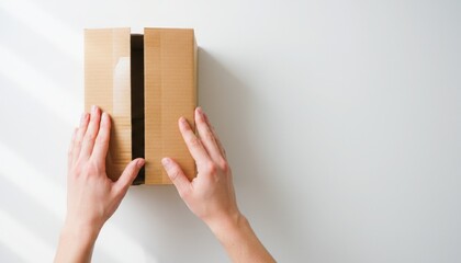Gentle Hands Supporting Open Cardboard Box on Plain White Background Creating Serene Visual