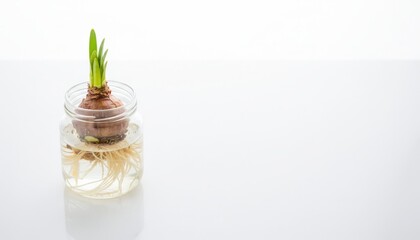 Delicate Young Plant Sprouting in Glass Jar with Water, Minimalist Background, Serene Atmosphere