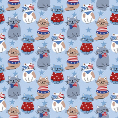 Cotton fabric Seamless pattern with patriotic cats wearing american flag glasses and starry sweaters on blue background with stars for independence day celebration 4th of july and summer national holidays