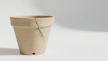 Muted Beige Ceramic Pot with Cracks Against a Gray Gradient Background- A Study in Minimalism