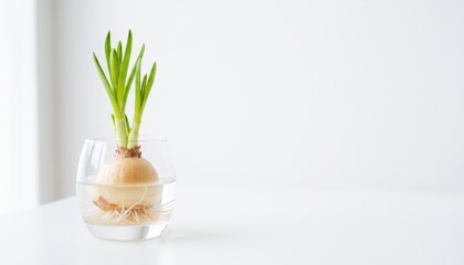 Serene Bulbous Plant in Glass Vase, Minimalist White Background, Natural Beauty
