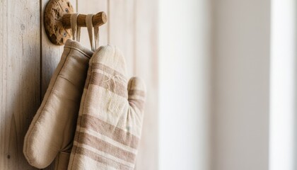 Rustic Kitchen Decor- Light-Colored Oven Mitts Hanging on a White Wall- Warm and Inviting Atmosphere