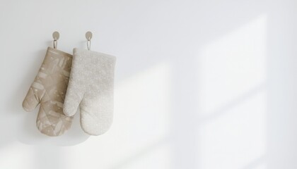 Beige Oven Mitts Hanging on White Wall- Minimalist Kitchen Design- Functional Texture- Simple Aesthetic