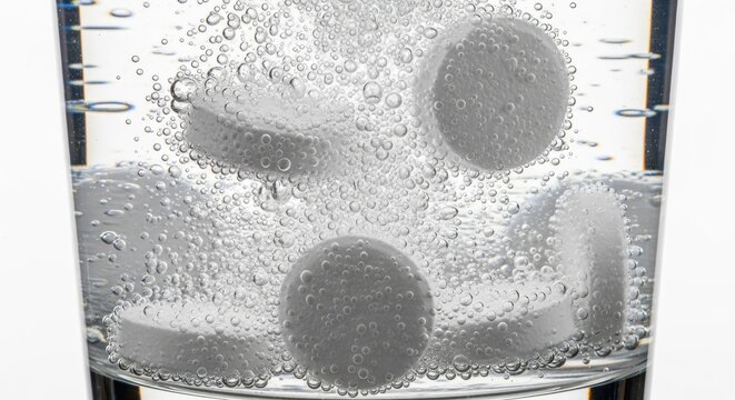 White Effervescent Tablets Dissolving in Clear Glass of Water with Bubbles isolated PNG with Transparent Background