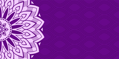 Horizontal color vector mandala banner. Decorative flower mandala on purple background. Luxury mandala color vector background. Arabic, islamic east style. Vector color illustration.