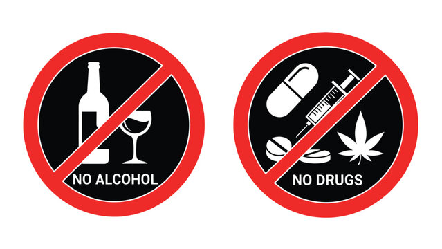 Two essential warning prohibition signs indicating no alcohol consumption and no illegal drugs use displayed prominently