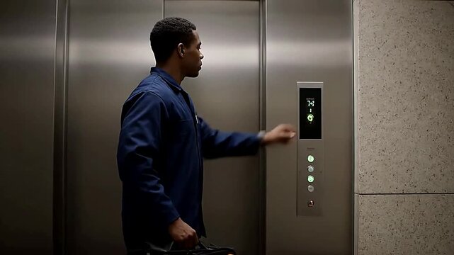 Close up of man pressing button in elevator or Medium shot of person using panel inside elevator