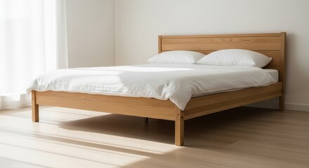 Modern light wood bed frame with white bedding in a minimalist bedroom