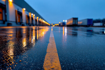 Fototapeta premium Wet industrial loading dock area at dusk with yellow road line reflecting illuminated building lights and parked freight trailers on an overcast evening