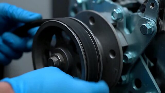 Close up of a belt being adjusted in a machine or Close up of gloved hands adjusting belt in machinery