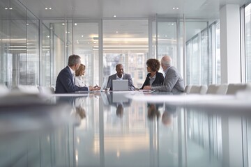 Plakat Diverse business team engaged in meeting with laptop in modern office