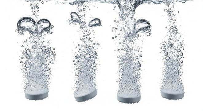 Effervescent tablets dissolving in water with rising bubbles on white background