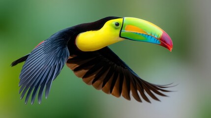 Obraz premium Brightly colored toucan glides gracefully through the vibrant green rainforest, its bold beak reflecting sunlight as it explores its natural habitat amidst the rich foliage