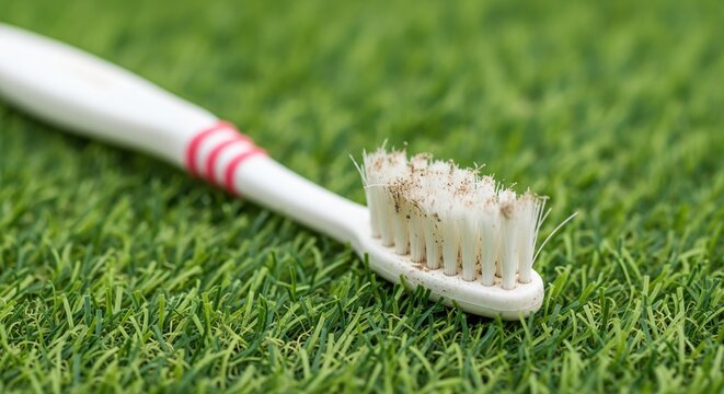Dirty old toothbrush lying on green grass, plastic waste and pollution concept