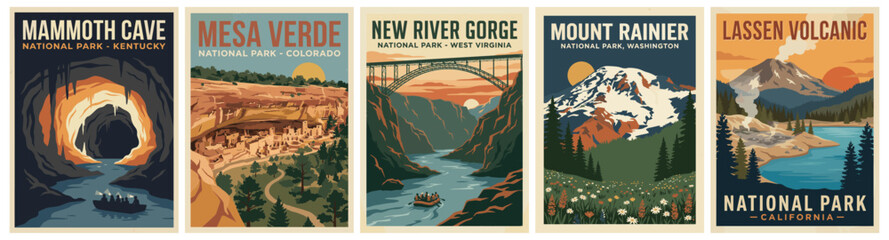Vintage national park poster set. Mammoth Cave, Mesa Verde, New River Gorge, Mount Rainier, Lassen Volcanic. Flat vector travel landscape illustrations. Retro wall art collection