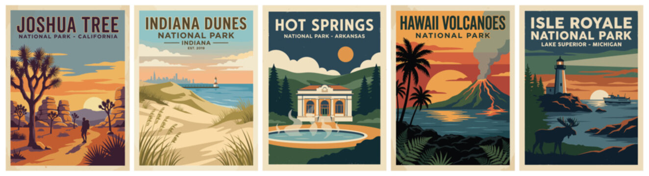 Vintage national park poster set. Joshua Tree, Indiana Dunes, Hot Springs, Hawaii Volcanoes, Isle Royale. Flat vector travel landscape illustrations. Retro wall art collection