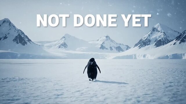 Penguin continuing alone through an icy landscape toward mountains representing persistence emotional strength and personal progress perfect for motivation