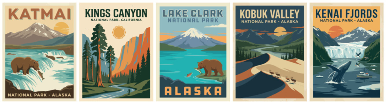 Vintage national park poster set. Katmai, Kings Canyon, Lake Clark, Kobuk Valley, Kenai Fjords. Flat vector travel landscape illustrations. Retro wall art collection