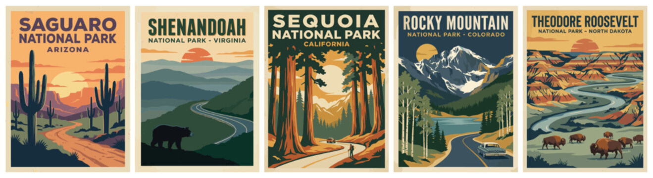 Vintage national park poster set. Saguaro, Shenandoah, Sequoia, Rocky Mountain, Theodore Roosevelt. Flat vector travel landscape illustrations. Retro wall art collection