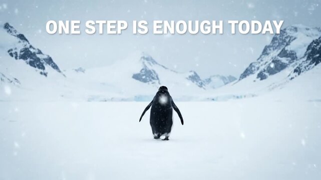 Penguin taking one step at a time across icy ground toward mountains highlighting progress self belief and quiet determination perfect for inspiration