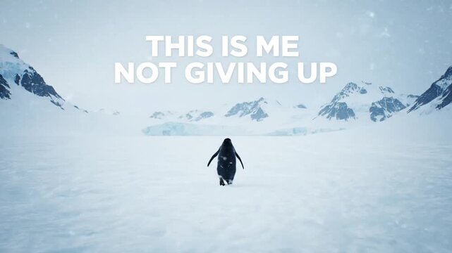 Single penguin walking alone through frozen scenery toward mountains representing not giving up and steady emotional resilience perfect for reels