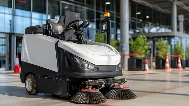 43Macro detail of an electric robotic floor scrubber, rubber squeegee and spinning brushes removing debris, sleek industrial design with mounted camera and sensors, commercial airpor