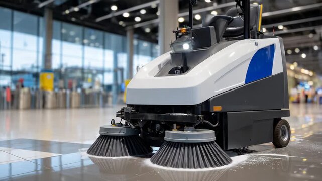 44Macro detail of an electric robotic floor scrubber, rubber squeegee and spinning brushes removing debris, sleek industrial design with mounted camera and sensors, commercial airpor