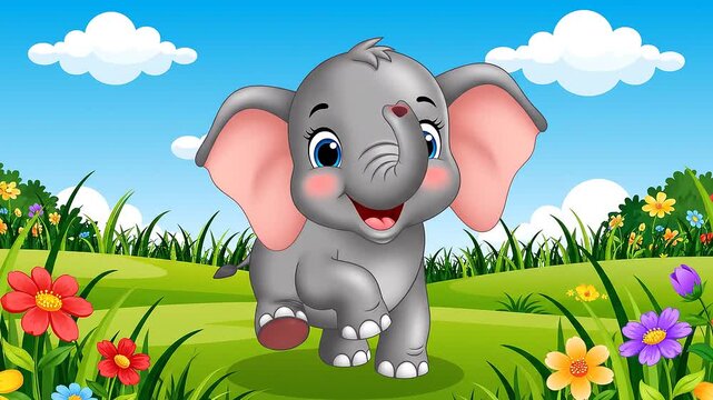 Cute cartoon elephants in a field of flowers with blue sky background footage