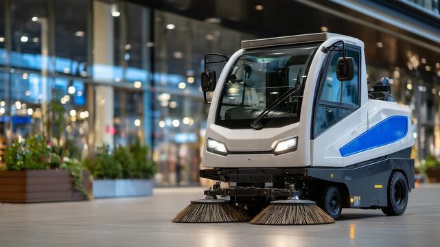 48Wide banner-style shot of an autonomous sweeper scrubber in action, cleaning debris from a mall floor, reflections of shop windows, sleek electric machine design, modern commercial