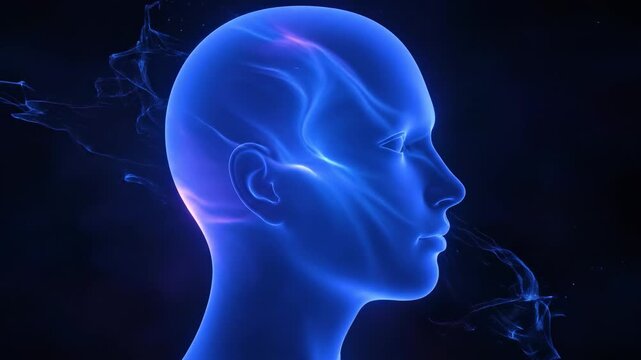 Abstract human head shape flowing blue violet wavy light.