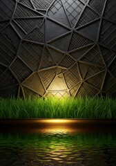 Textured metal sphere with geometric panes reflected in simulated water