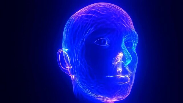 Abstract human head shape flowing blue violet wavy light.