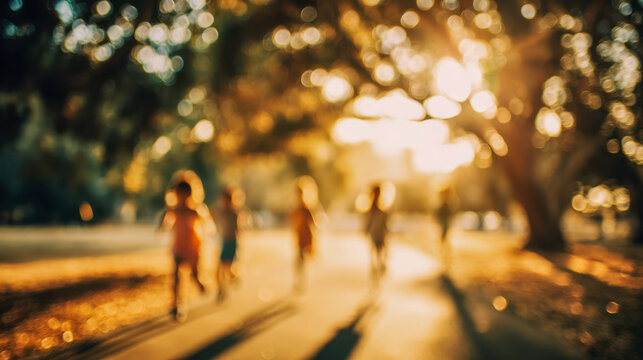 Silhouette of children playing and running joyfully on a sunlit park pathway during a warm glowing golden hour in autumn with blurred background and long shadows