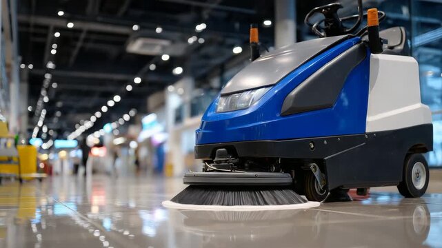 64Close-up of automatic scrubber drying the floor, squeegee leaving a clean reflective surface, AI-controlled industrial machine in a shopping mall, professional facility cleaning ba