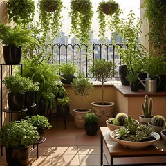 Verdant Balcony Haven with Diverse Plants and Urban Skyline Vista