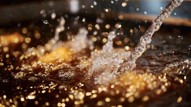 65Extreme close-up of golden nuggets submerged in hot bubbling oil, rapid streams of bubbles and small oil splashes frozen in motion, stainless steel fryer in a clean commercial kitc