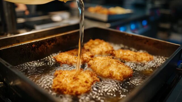 68Macro shot of crispy nuggets frying in a deep fryer, boiling oil surrounding meat pieces, intense texture detail, clean modern kitchen background softly blurred, fast food industry