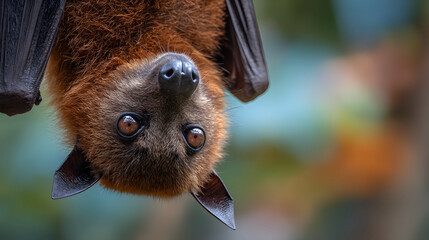 Fototapeta premium Fruit bat hanging upside down close up portrait with glossy eyes and textured fur, natural wildlife mood in soft bokeh light