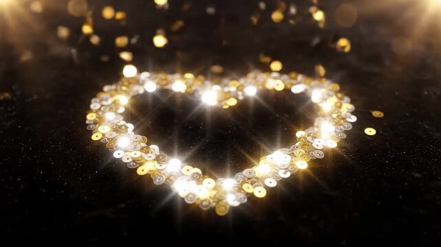 Festive effect with gold silver sequins. Draws a heart shape The lights are shining and flying away.