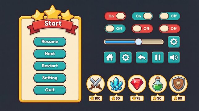 Fantasy mobile game UI kit cartoon interface buttons icons and controls