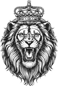 Roaring lion head with majestic crown detailed illustration black and white drawing