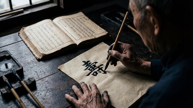 Elderly asian man practicing traditional calligraphy at wooden table. Book, brush, ink. Ancient writing skill education at home.