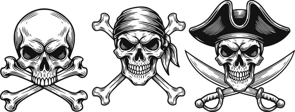 skull and crossbones set pirate skull with bandana and crossed swords vintage tattoo designs
