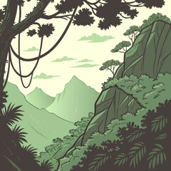 Stylized vector art depicting a jungle edge adjacent to a mountain, a vibrant natural landscape illustration.