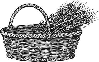 Obraz premium woven basket filled with wheat stalks hand drawn rustic container with grain harvest