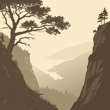 Modern flat vector illustration of a misty canyon landscape, evoking an atmospheric and grand scene.