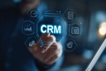 Naklejka premium Businessman interacting with CRM software on modern computer screen