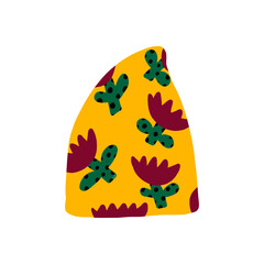 Warm, seasonal, yellow wool hat with burgundy flowers. Hats for fall and winter. Fashionable youth hat. Bright doodle-style hat on a white background. Headwear.