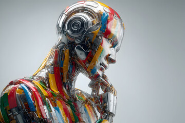 Profile view of a highly detailed humanoid robot made of multi-colored metallic patches in a thinking pose